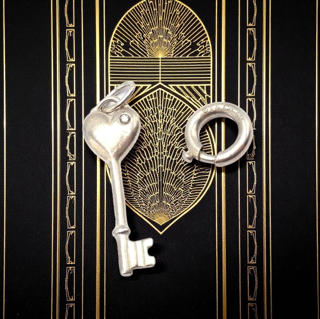 Tiffany & Co. Silver Diamond Key Heart Charm Pendant + Spring Ring Clasp - 2