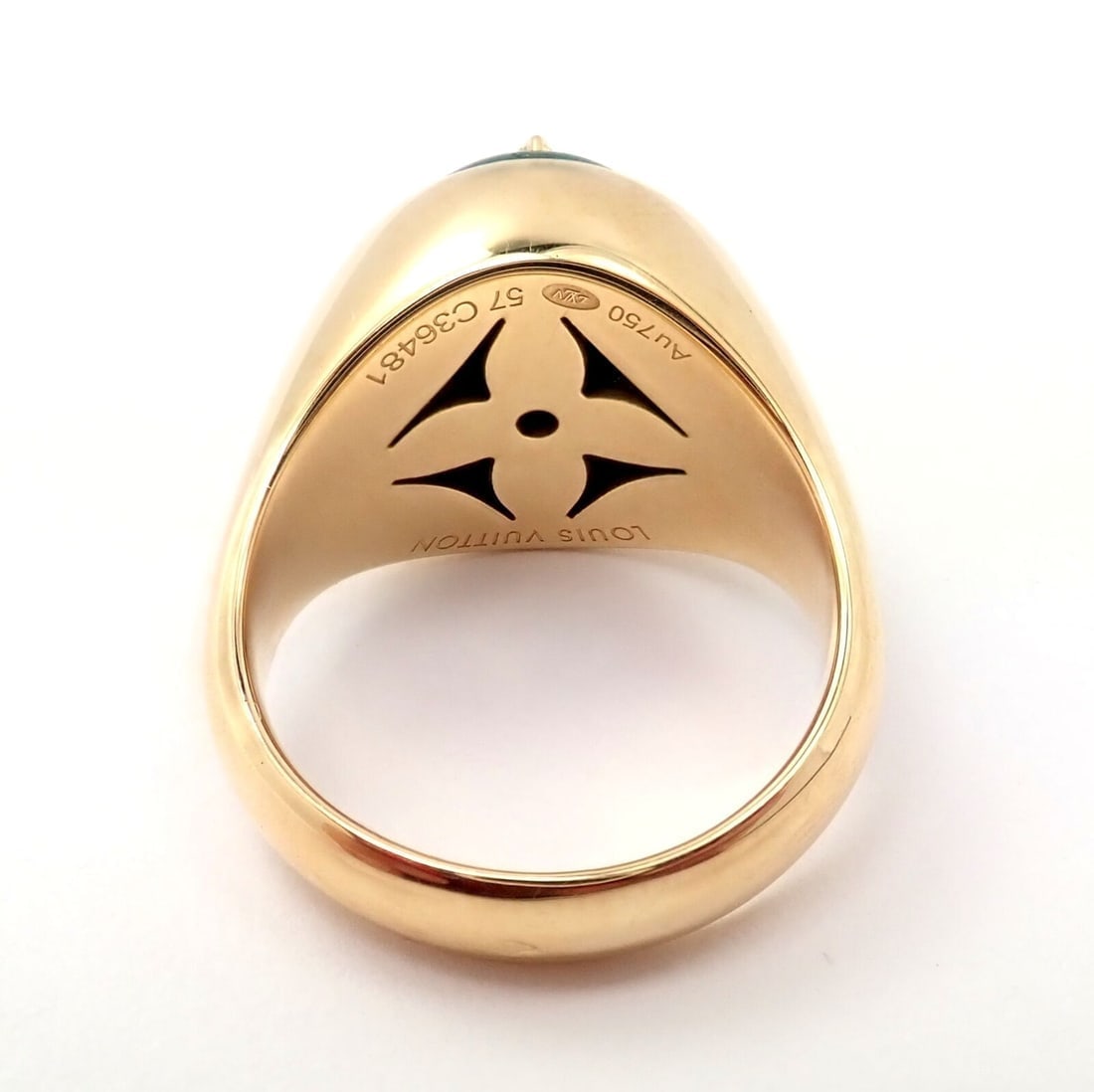 Authentic Louis Vuitton LV 18k Yellow Gold Diamond Malachite Blossom Signet Ring - 5