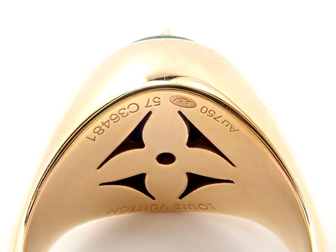 Authentic Louis Vuitton LV 18k Yellow Gold Diamond Malachite Blossom Signet Ring - 6