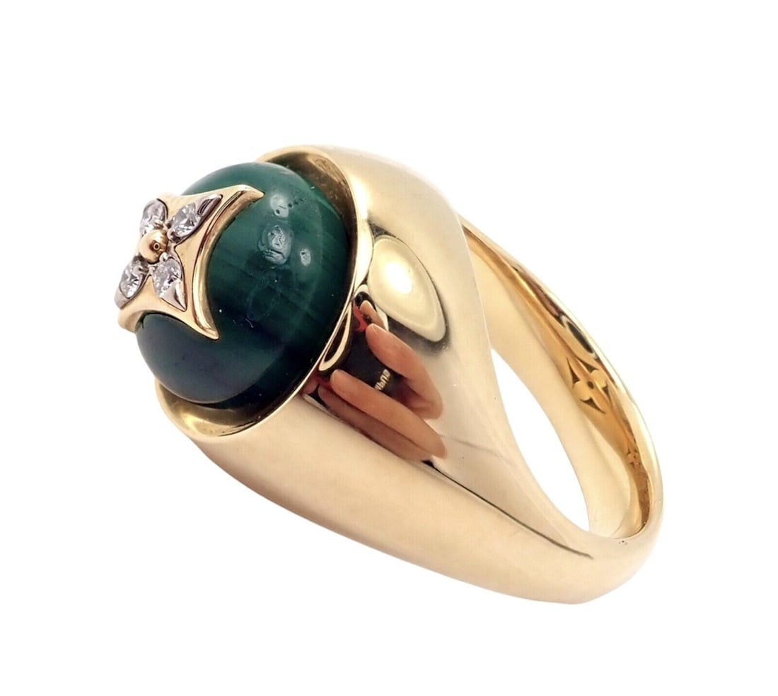 Authentic Louis Vuitton LV 18k Yellow Gold Diamond Malachite Blossom Signet Ring - 8
