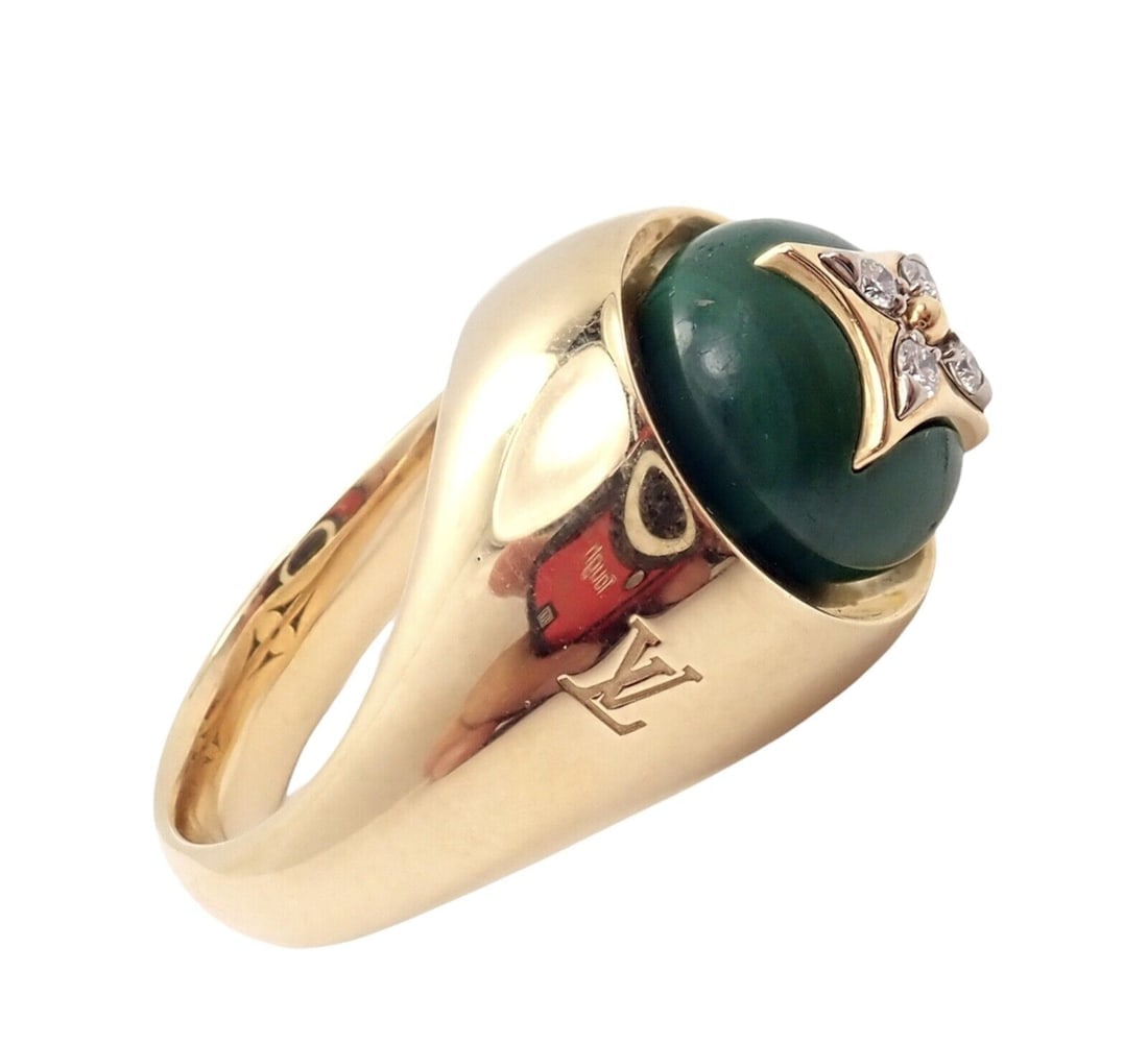 Authentic Louis Vuitton LV 18k Yellow Gold Diamond Malachite Blossom Signet Ring - 9