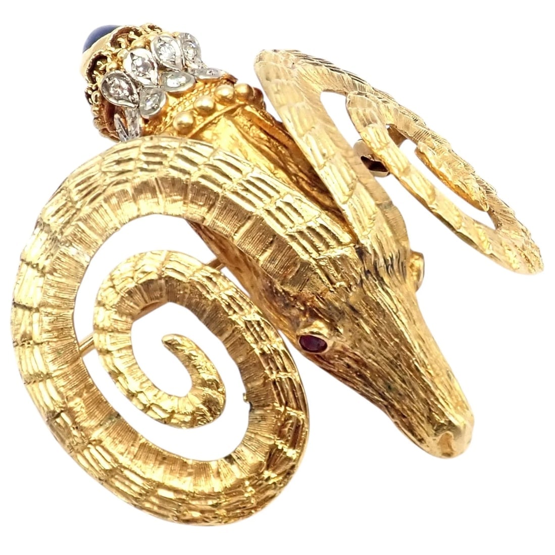 Rare Ilias Lalaounis 18k Yellow Gold Ram Ares Diamond Ruby Sapphire Large Brooch - 10