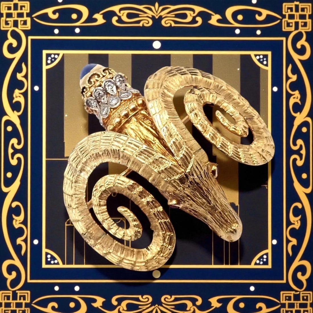Rare Ilias Lalaounis 18k Yellow Gold Ram Ares Diamond Ruby Sapphire Large Brooch - 2