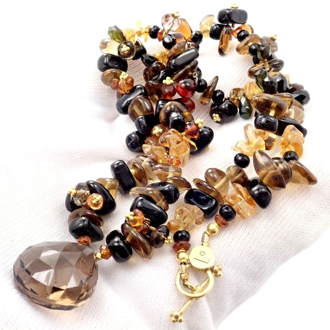 Laura Gibson 18k Yellow Gold Briolette Smokey Topaz Onyx Bead Large Necklace - 10
