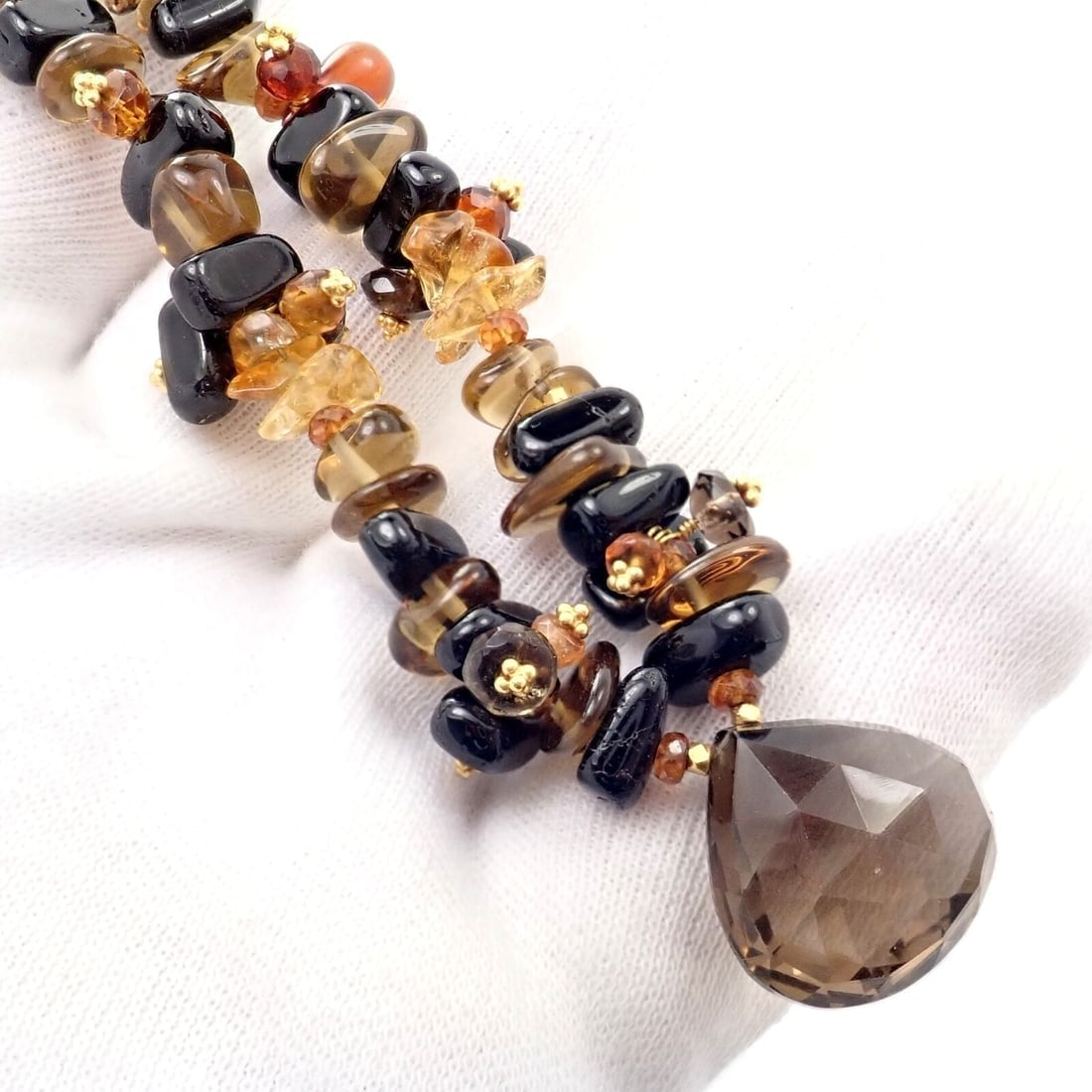 Laura Gibson 18k Yellow Gold Briolette Smokey Topaz Onyx Bead Large Necklace - 8