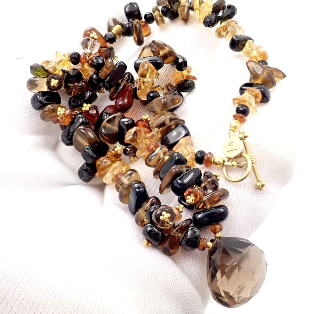 Laura Gibson 18k Yellow Gold Briolette Smokey Topaz Onyx Bead Large Necklace - 9