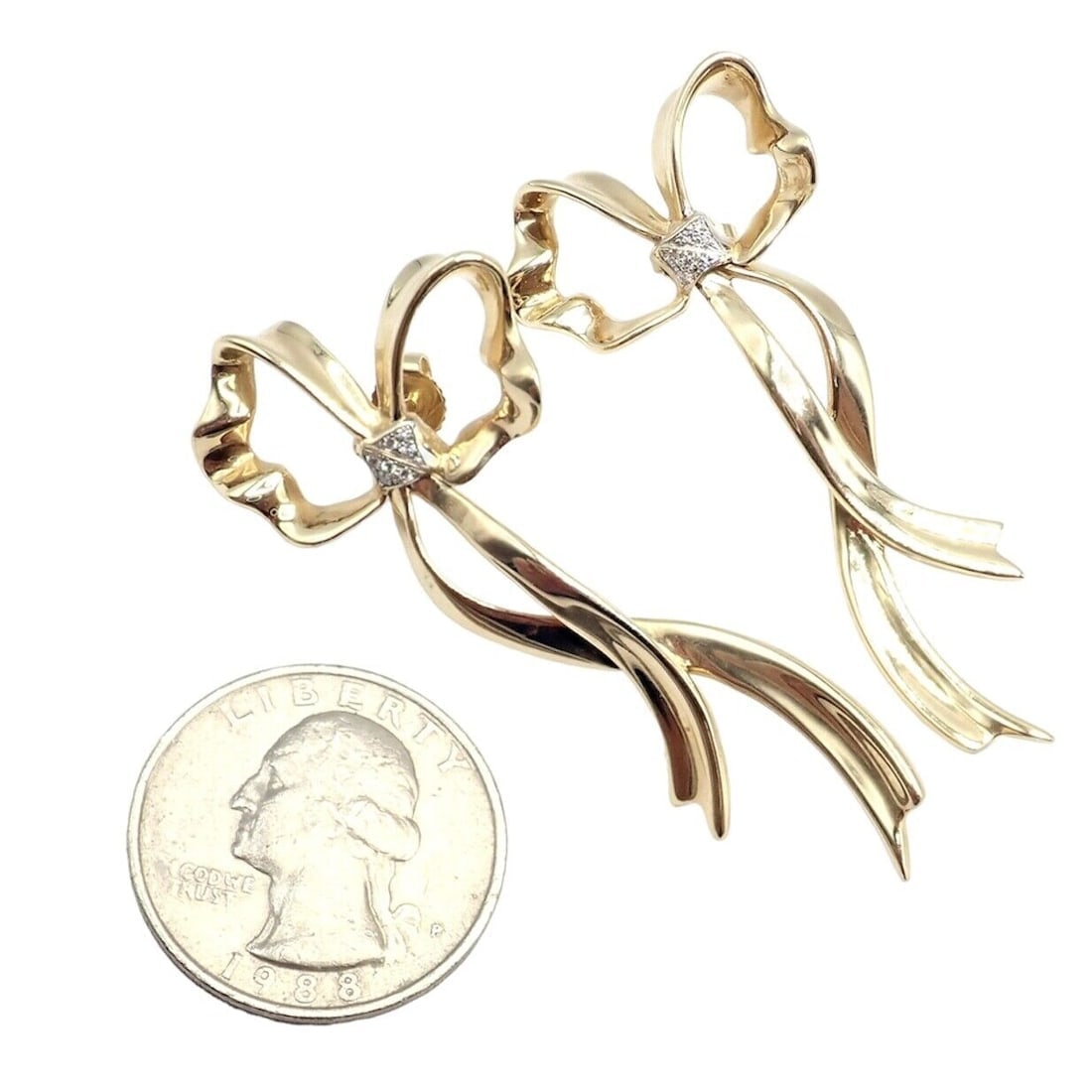 Authentic Tiffany & Co 18k Yellow Gold Diamond Large Ribbon Bow Earrings 1985 - 4