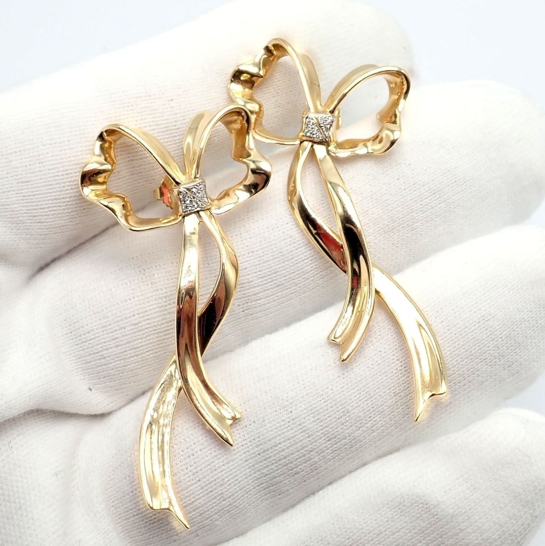 Authentic Tiffany & Co 18k Yellow Gold Diamond Large Ribbon Bow Earrings 1985 - 5