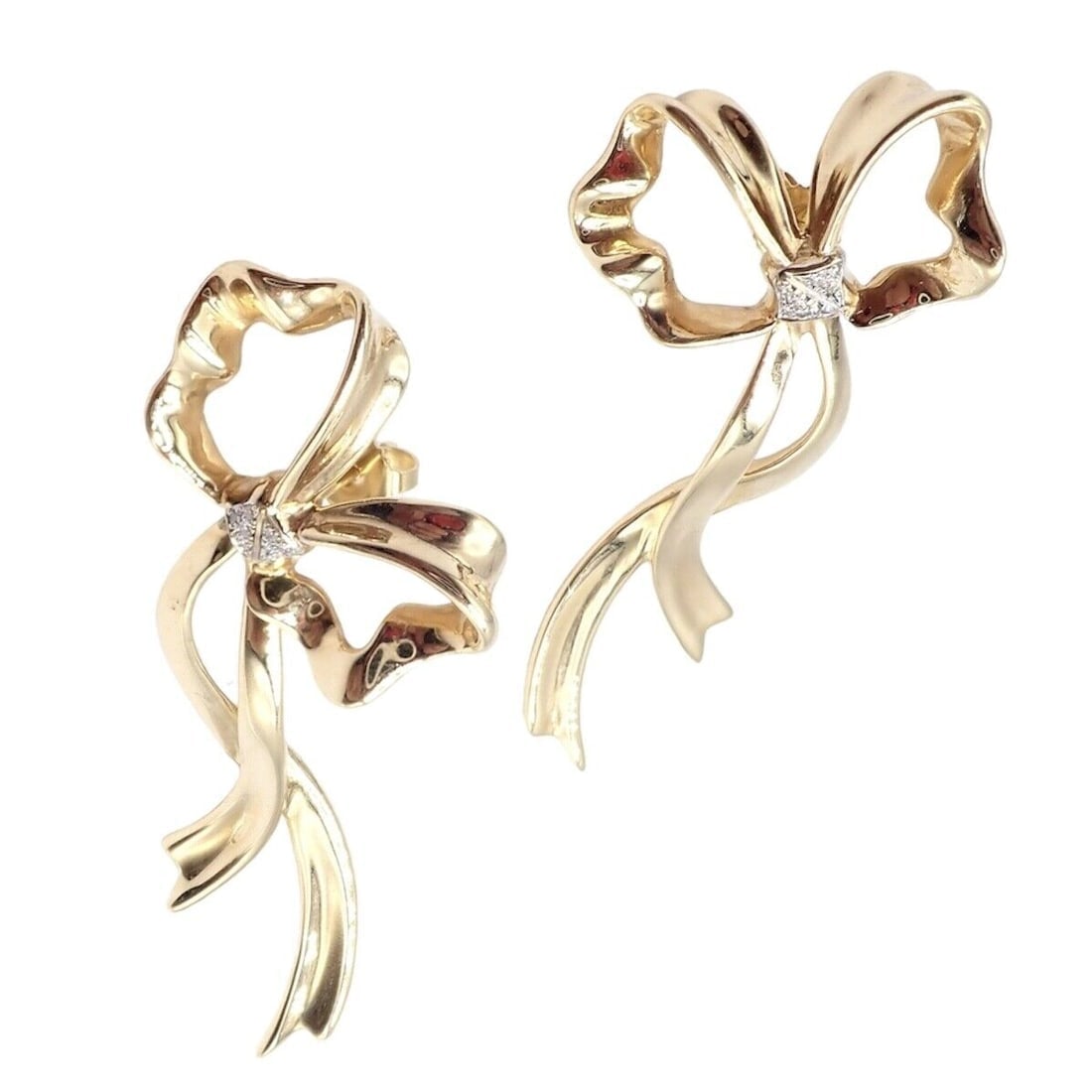 Authentic Tiffany & Co 18k Yellow Gold Diamond Large Ribbon Bow Earrings 1985 - 8