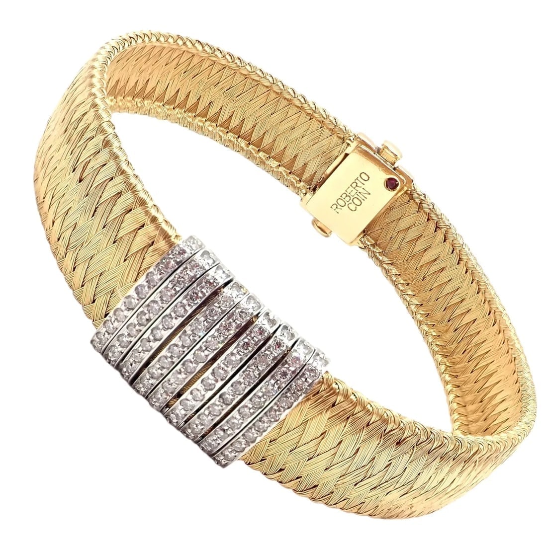 Authentic! Roberto Coin 18k Yellow Gold 9 Row Diamond Silk Weave Bracelet - 10