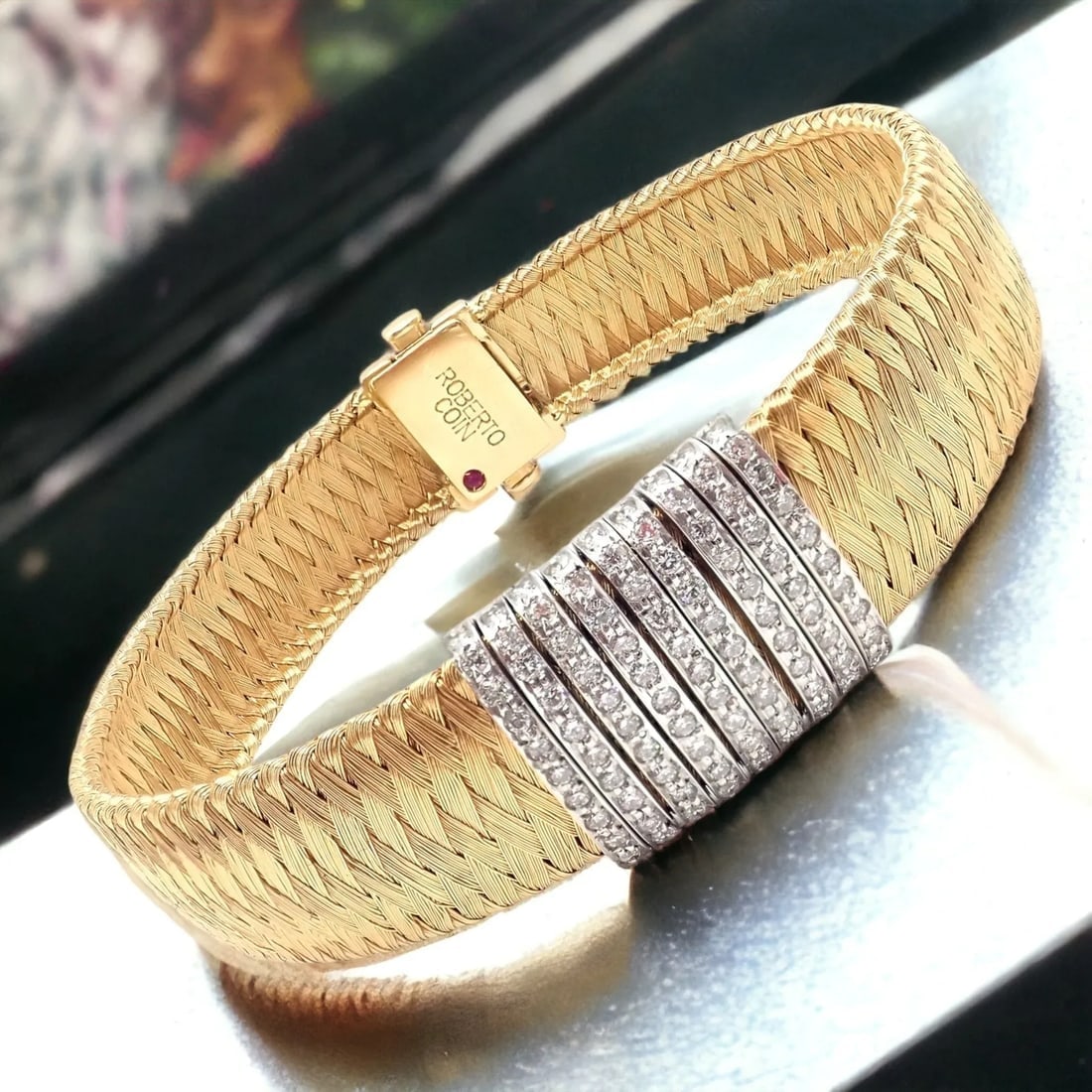 Authentic! Roberto Coin 18k Yellow Gold 9 Row Diamond Silk Weave Bracelet - 6