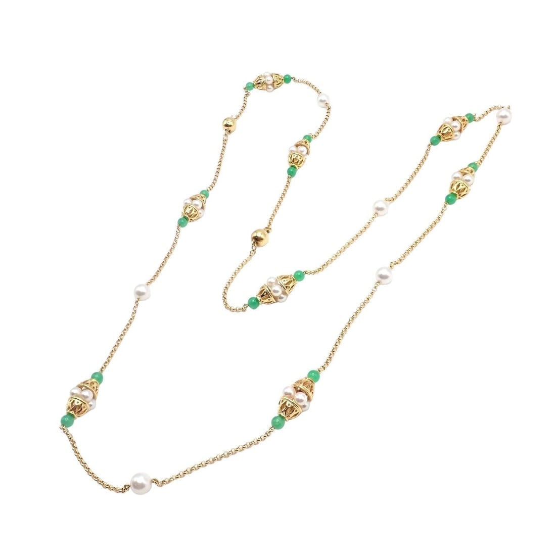 Vintage! Mikimoto 18k Yellow Gold Pearl Chalcedony 32" Long Necklace: Vintage! Mikimoto 18k Yellow Gold Pearl Chalcedony 32" Long Necklace Vintage! Mikimoto 18k Yellow Gold Pearl Chalcedony 32" Long Necklace Product Description About This Piece: The Mikimoto 18k Yellow 