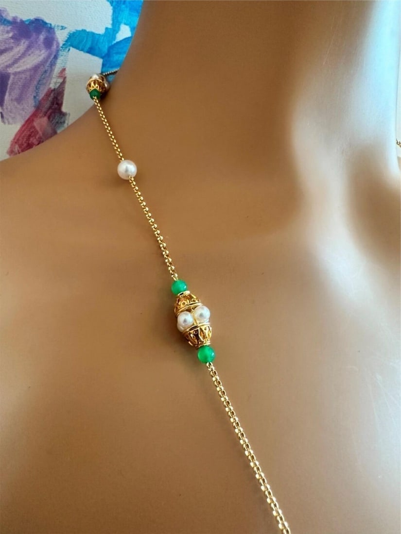 Vintage! Mikimoto 18k Yellow Gold Pearl Chalcedony 32" Long Necklace - 7