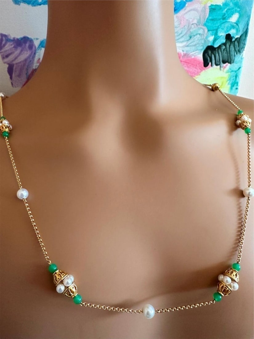 Vintage! Mikimoto 18k Yellow Gold Pearl Chalcedony 32" Long Necklace - 8