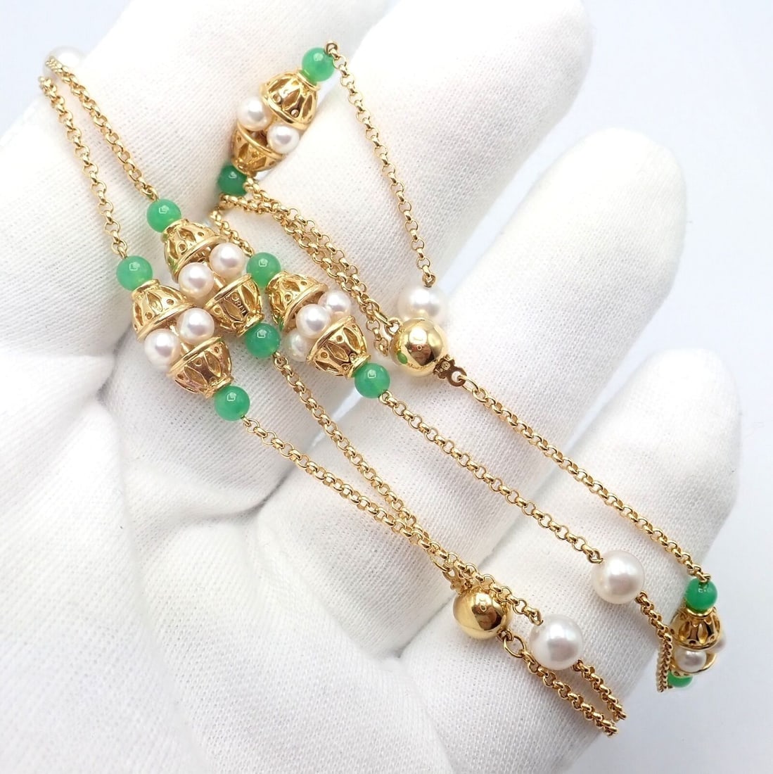 Vintage! Mikimoto 18k Yellow Gold Pearl Chalcedony 32" Long Necklace - 9