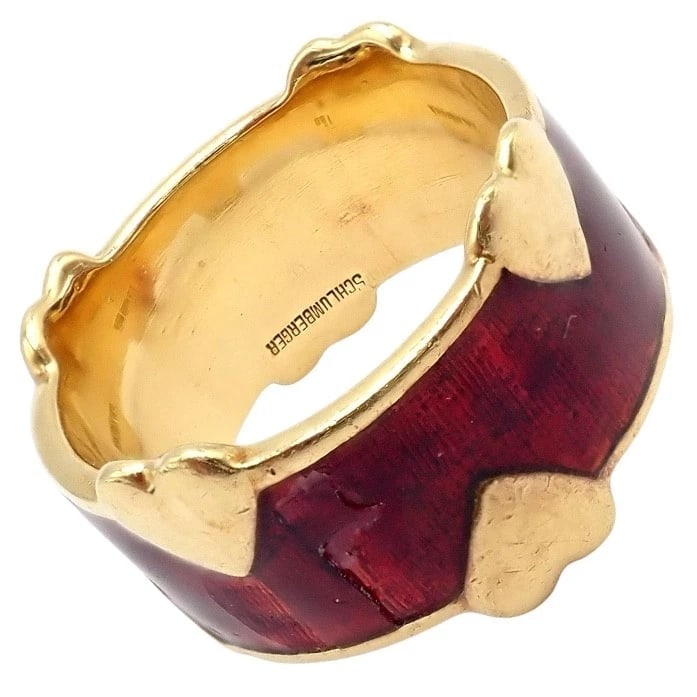 Tiffany & Co Schlumberger 18k Yellow Gold Red Enamel Heart Band Ring sz 6 - 6