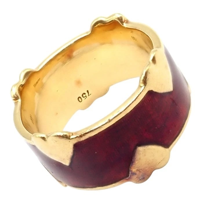 Tiffany & Co Schlumberger 18k Yellow Gold Red Enamel Heart Band Ring sz 6 - 7