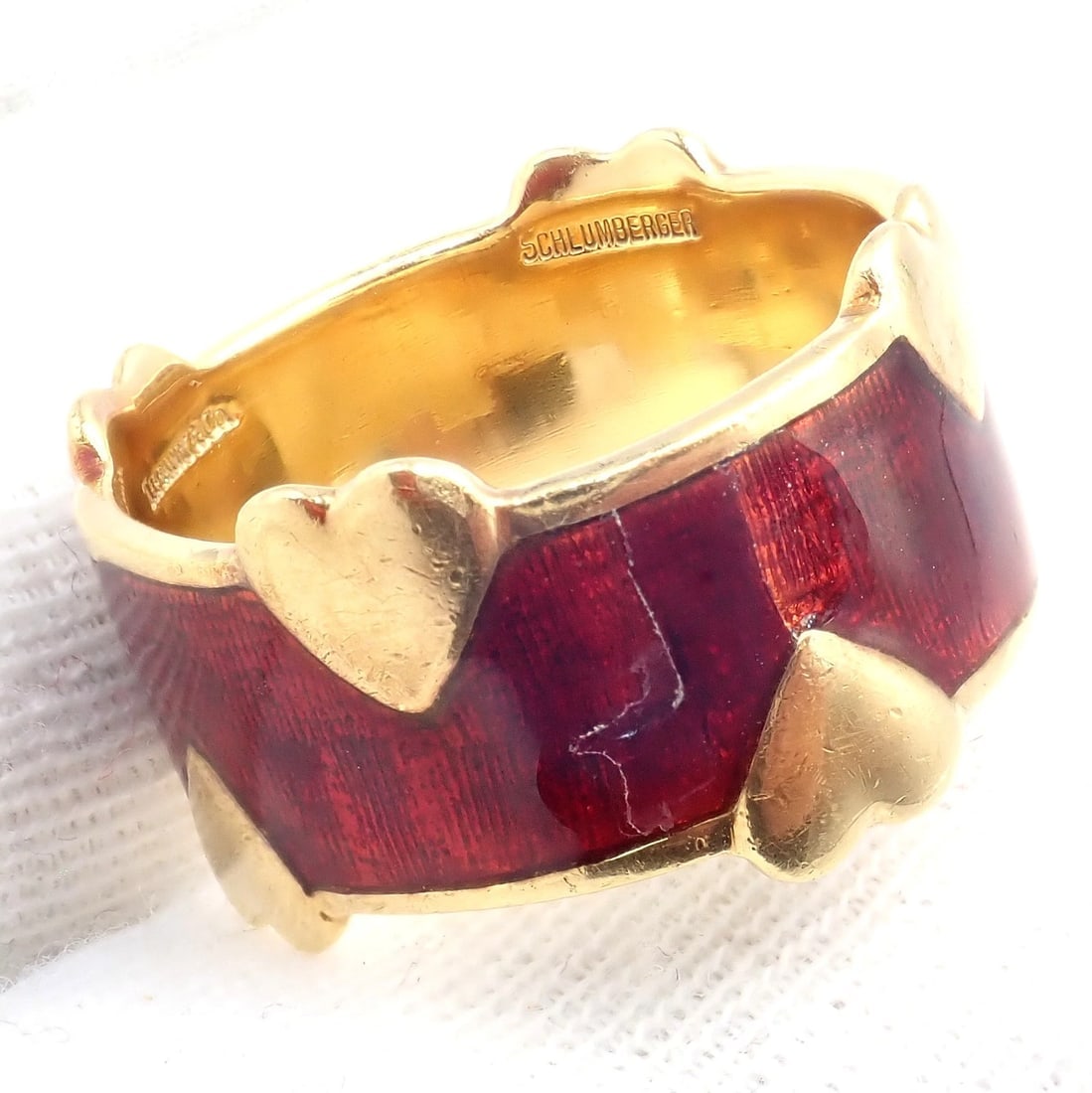 Tiffany & Co Schlumberger 18k Yellow Gold Red Enamel Heart Band Ring sz 6 - 9