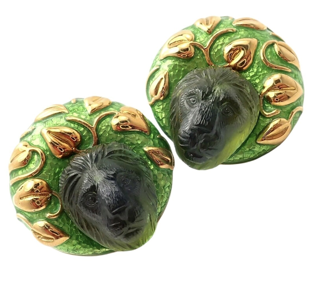 Elizabeth Gage 18k Yellow Gold Carved Green Tourmaline Enamel Lion Earrings (1 of 9)