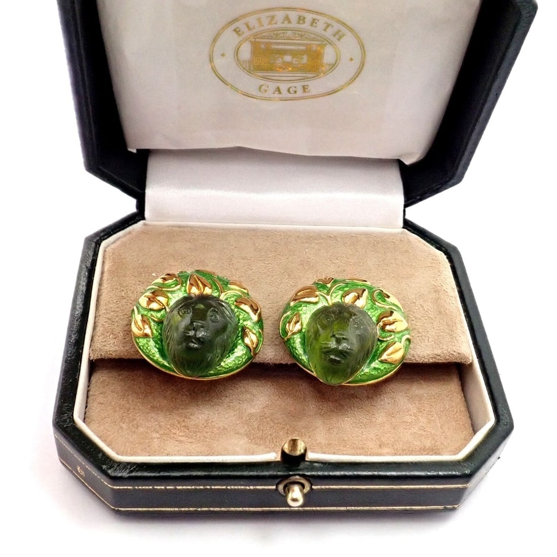 Elizabeth Gage 18k Yellow Gold Carved Green Tourmaline Enamel Lion Earrings - 2