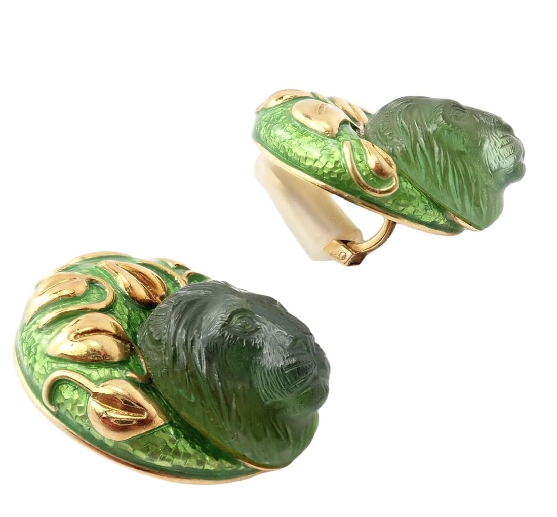 Elizabeth Gage 18k Yellow Gold Carved Green Tourmaline Enamel Lion Earrings - 7