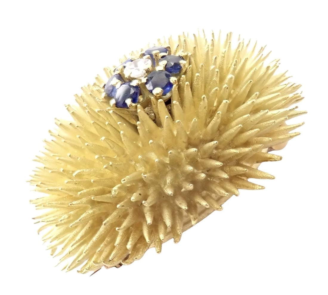Tiffany & Co 18k Yellow Gold Sapphire Diamond Large Urchin Brooch Pin 1960's - 6