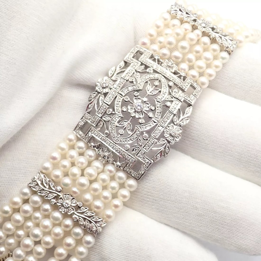 Vintage Estate 18k White Gold Diamond 7 Row 4.5mm Pearl Bracelet - 10