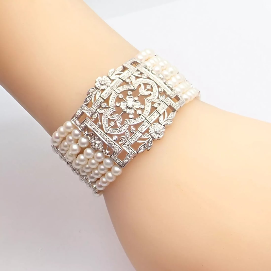 Vintage Estate 18k White Gold Diamond 7 Row 4.5mm Pearl Bracelet - 11