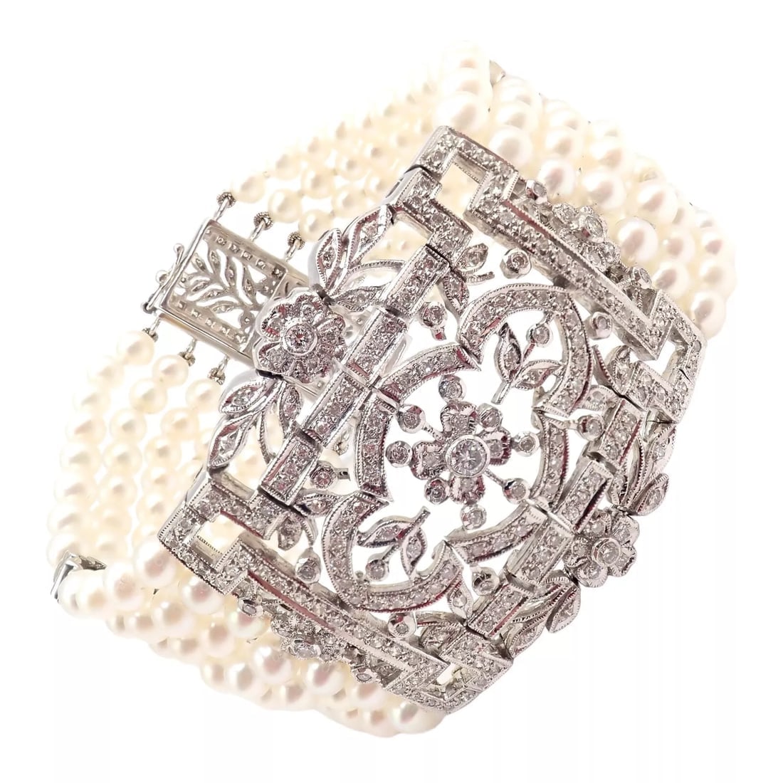 Vintage Estate 18k White Gold Diamond 7 Row 4.5mm Pearl Bracelet: Vintage Estate 18k White Gold Diamond 7 Row 4.5mm Pearl Bracelet Vintage Estate 18k White Gold Diamond 7 Row 4.5mm Pearl Bracelet Product Description About This Piece: The Vintage Estate 18k White Gol