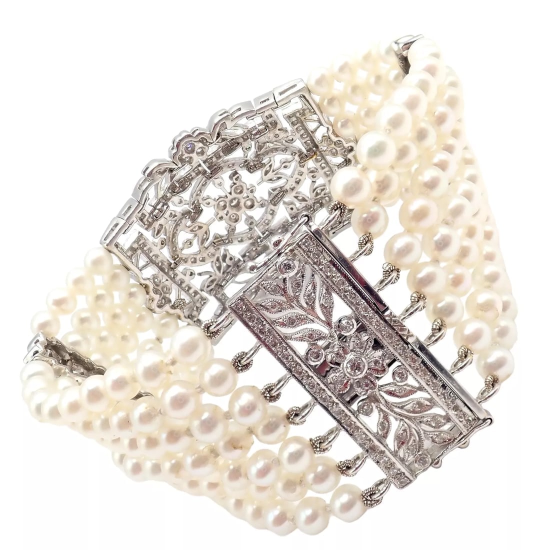 Vintage Estate 18k White Gold Diamond 7 Row 4.5mm Pearl Bracelet - 3
