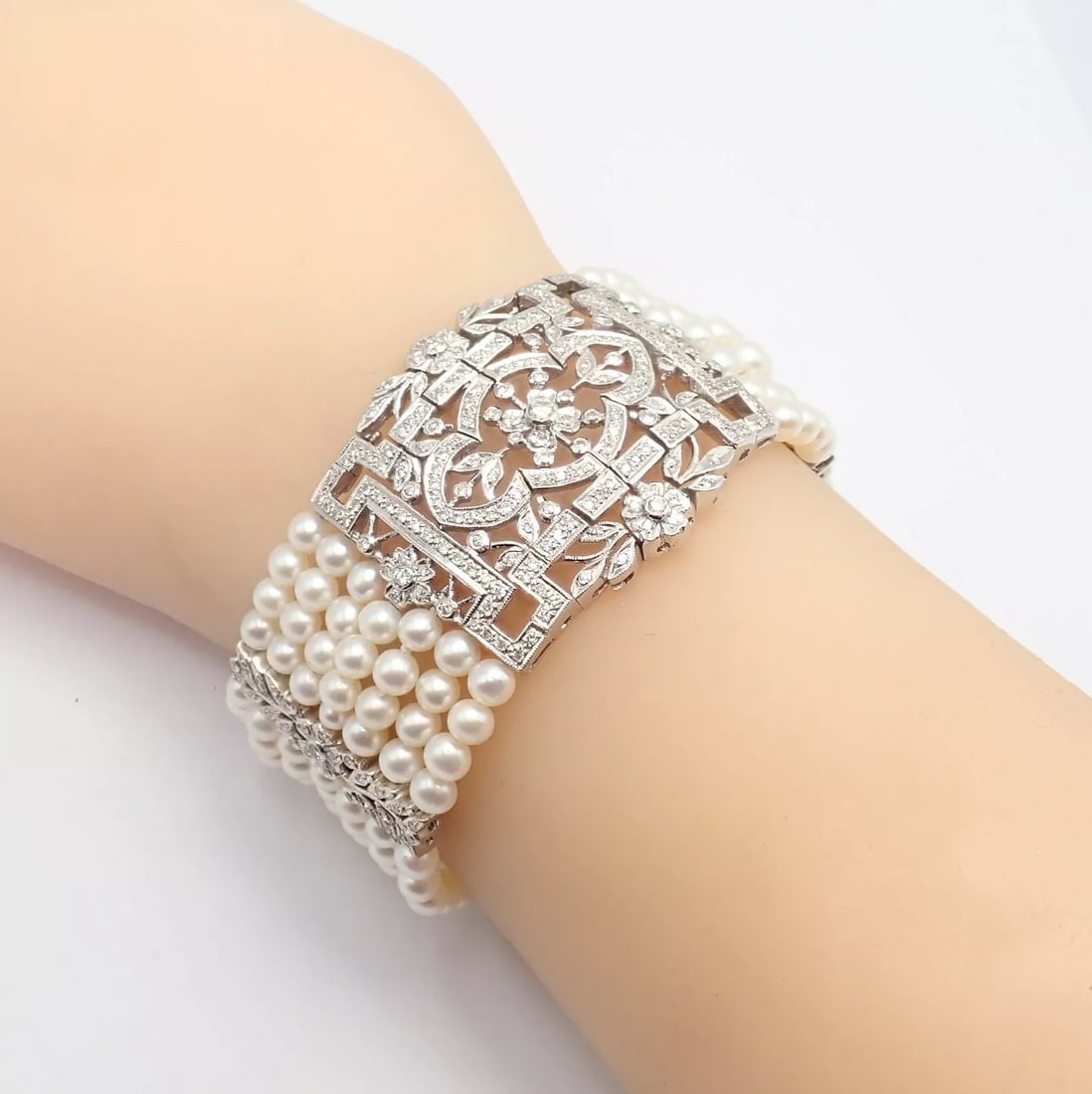 Vintage Estate 18k White Gold Diamond 7 Row 4.5mm Pearl Bracelet - 4