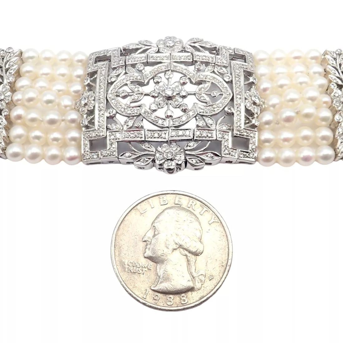 Vintage Estate 18k White Gold Diamond 7 Row 4.5mm Pearl Bracelet - 5