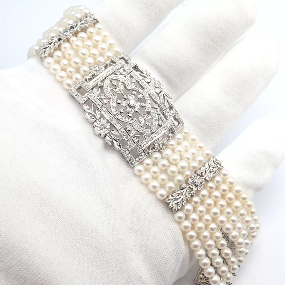 Vintage Estate 18k White Gold Diamond 7 Row 4.5mm Pearl Bracelet - 6