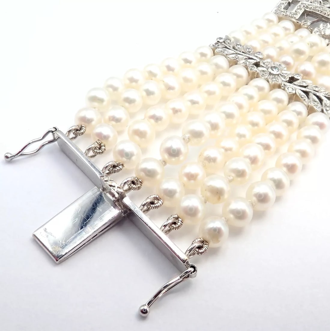 Vintage Estate 18k White Gold Diamond 7 Row 4.5mm Pearl Bracelet - 8