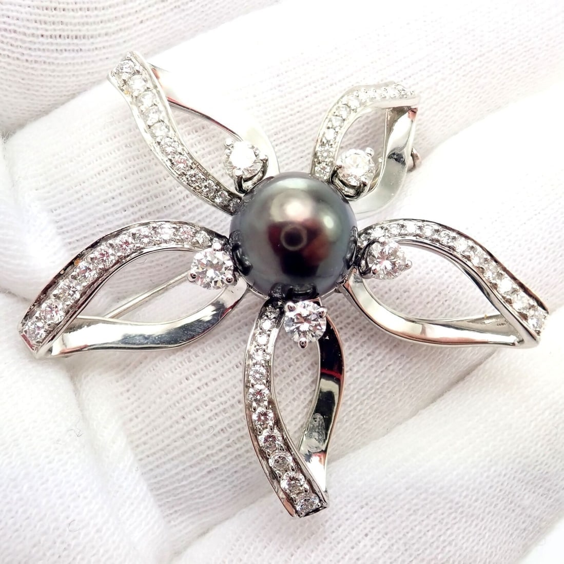 Rare! Authentic Mikimoto Platinum Diamond Tahitian South Sea Pearl Brooch Pin - 4