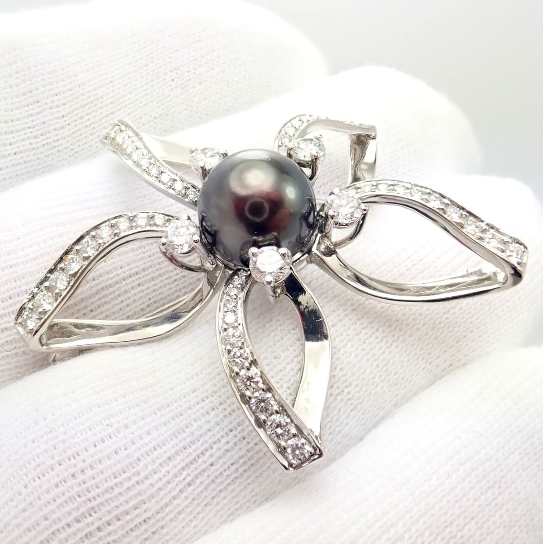 Rare! Authentic Mikimoto Platinum Diamond Tahitian South Sea Pearl Brooch Pin - 5