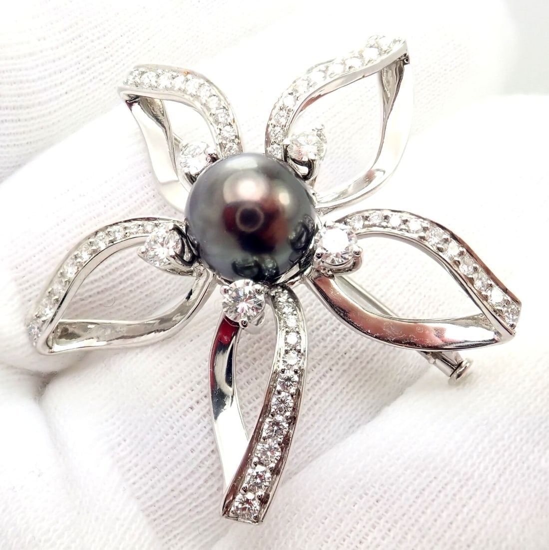 Rare! Authentic Mikimoto Platinum Diamond Tahitian South Sea Pearl Brooch Pin - 6