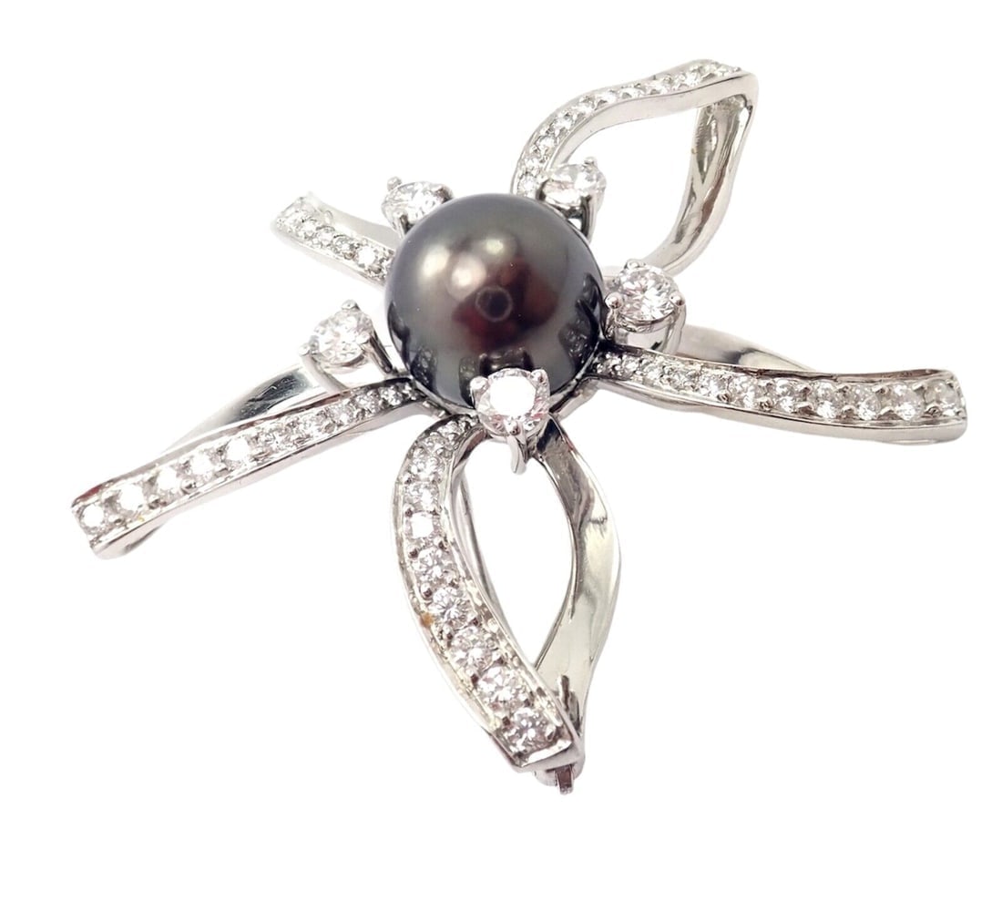 Rare! Authentic Mikimoto Platinum Diamond Tahitian South Sea Pearl Brooch Pin - 9