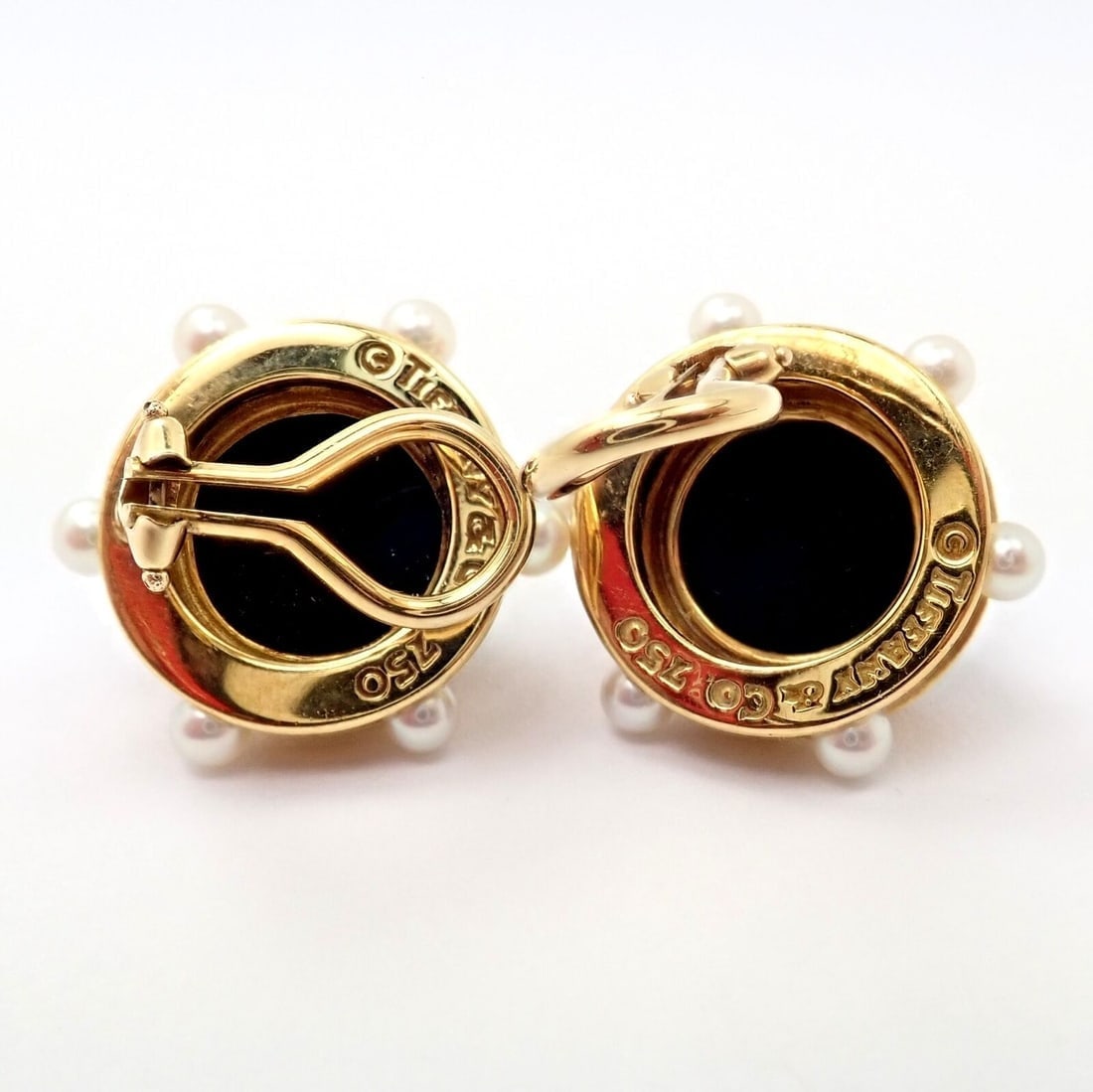 Vintage Authentic Rare Tiffany & Co. 18k Yellow Gold Pearl Onyx Earrings - 3
