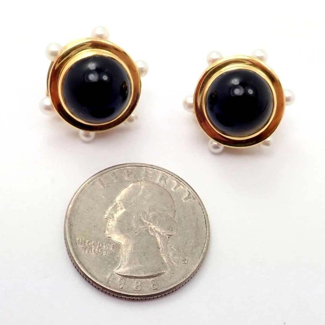 Vintage Authentic Rare Tiffany & Co. 18k Yellow Gold Pearl Onyx Earrings - 4