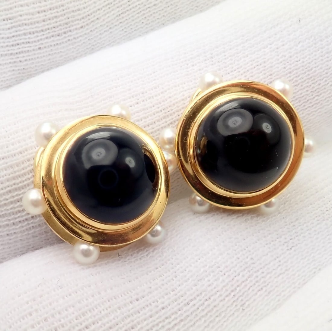 Vintage Authentic Rare Tiffany & Co. 18k Yellow Gold Pearl Onyx Earrings - 5