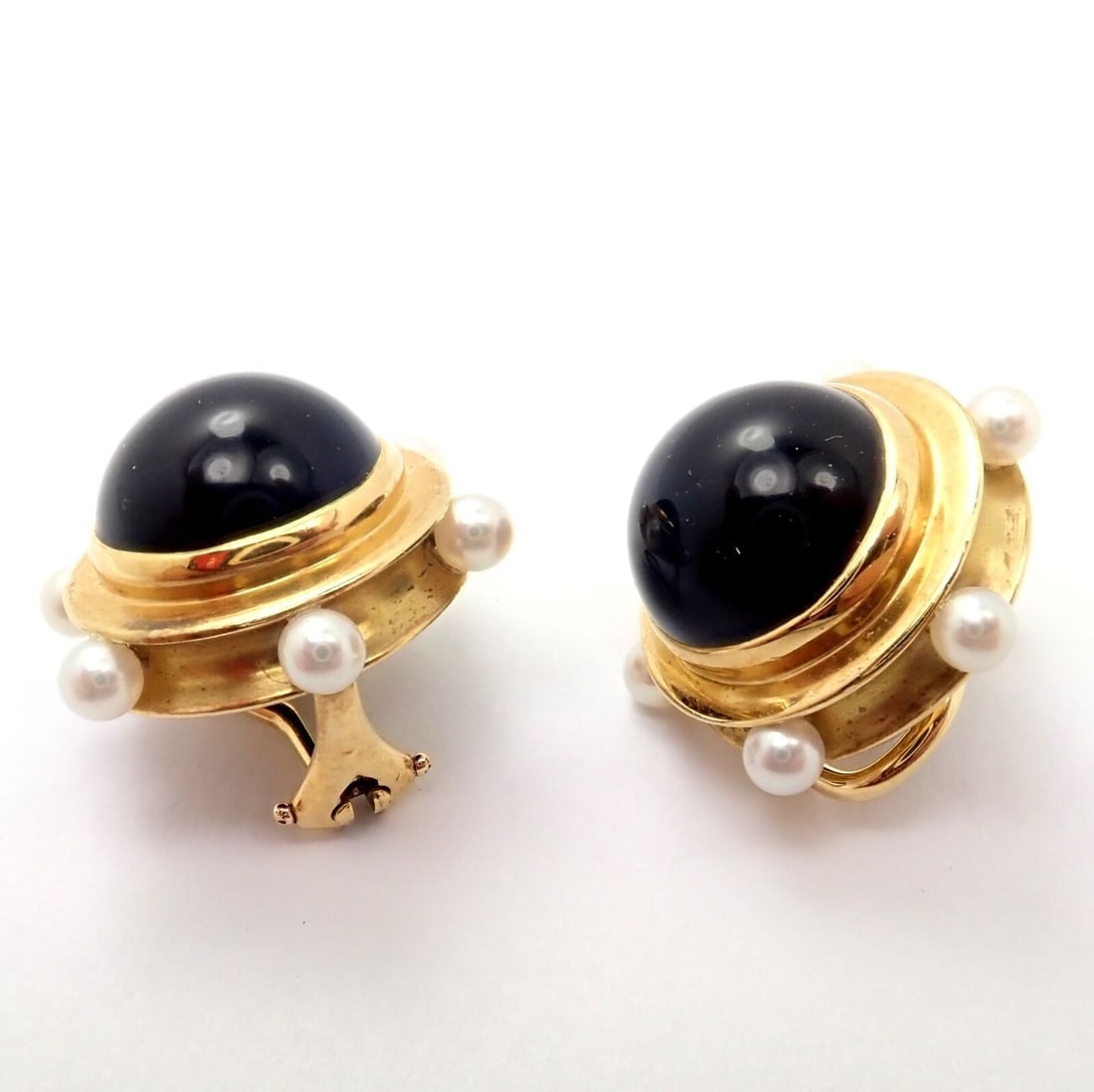 Vintage Authentic Rare Tiffany & Co. 18k Yellow Gold Pearl Onyx Earrings - 6