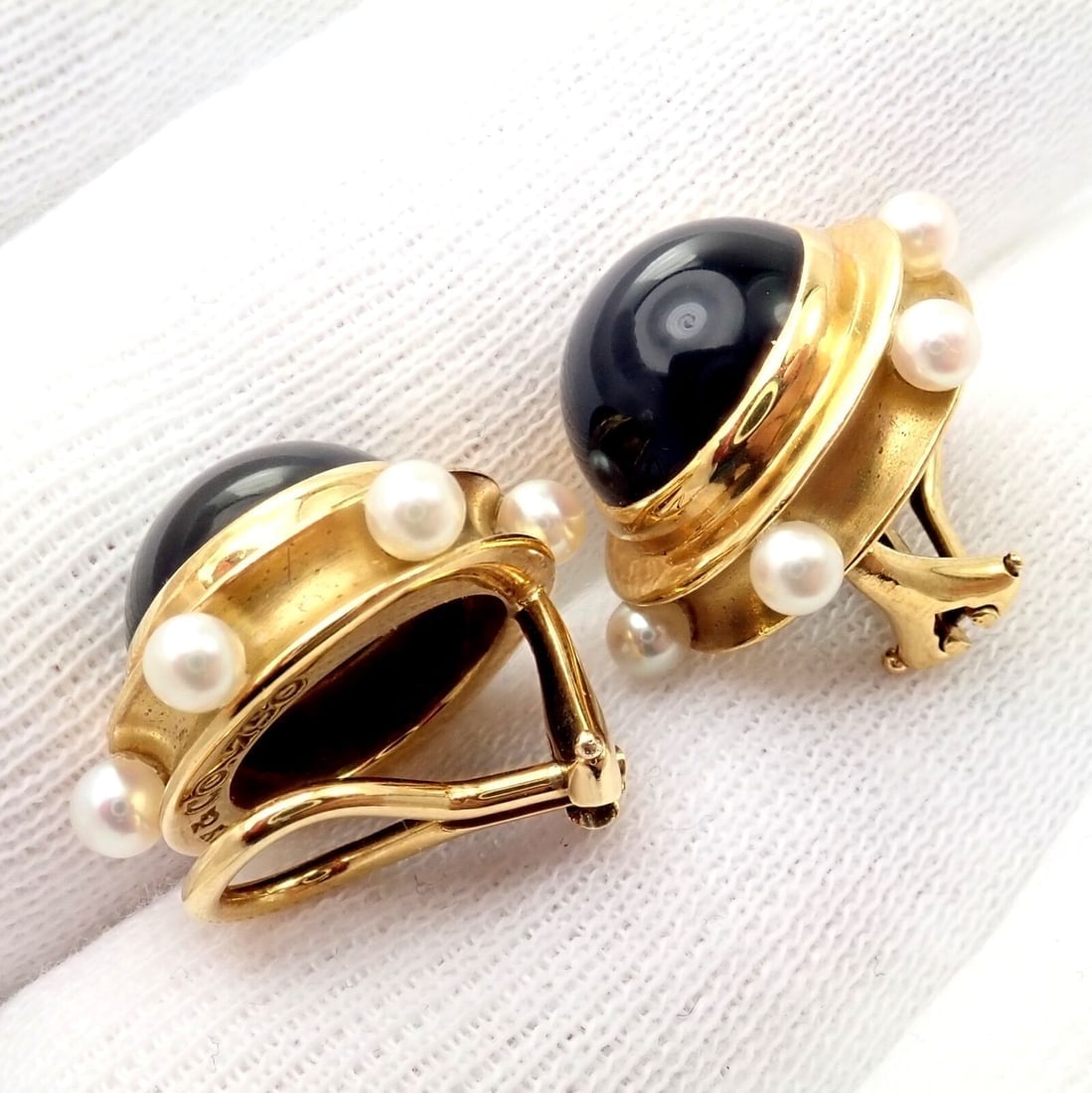 Vintage Authentic Rare Tiffany & Co. 18k Yellow Gold Pearl Onyx Earrings - 8