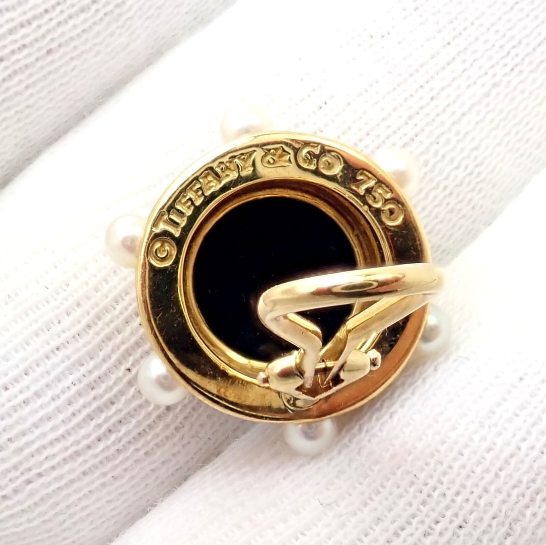 Vintage Authentic Rare Tiffany & Co. 18k Yellow Gold Pearl Onyx Earrings - 9