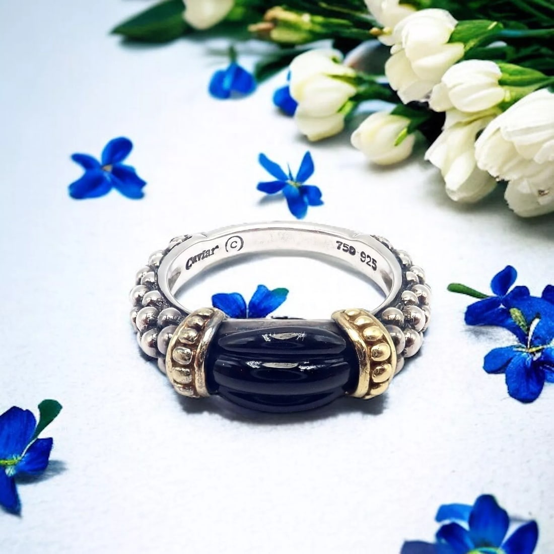 Authentic! Lagos Caviar Silver + 18k Yellow Gold Onyx Ring sz 5.5 - 2