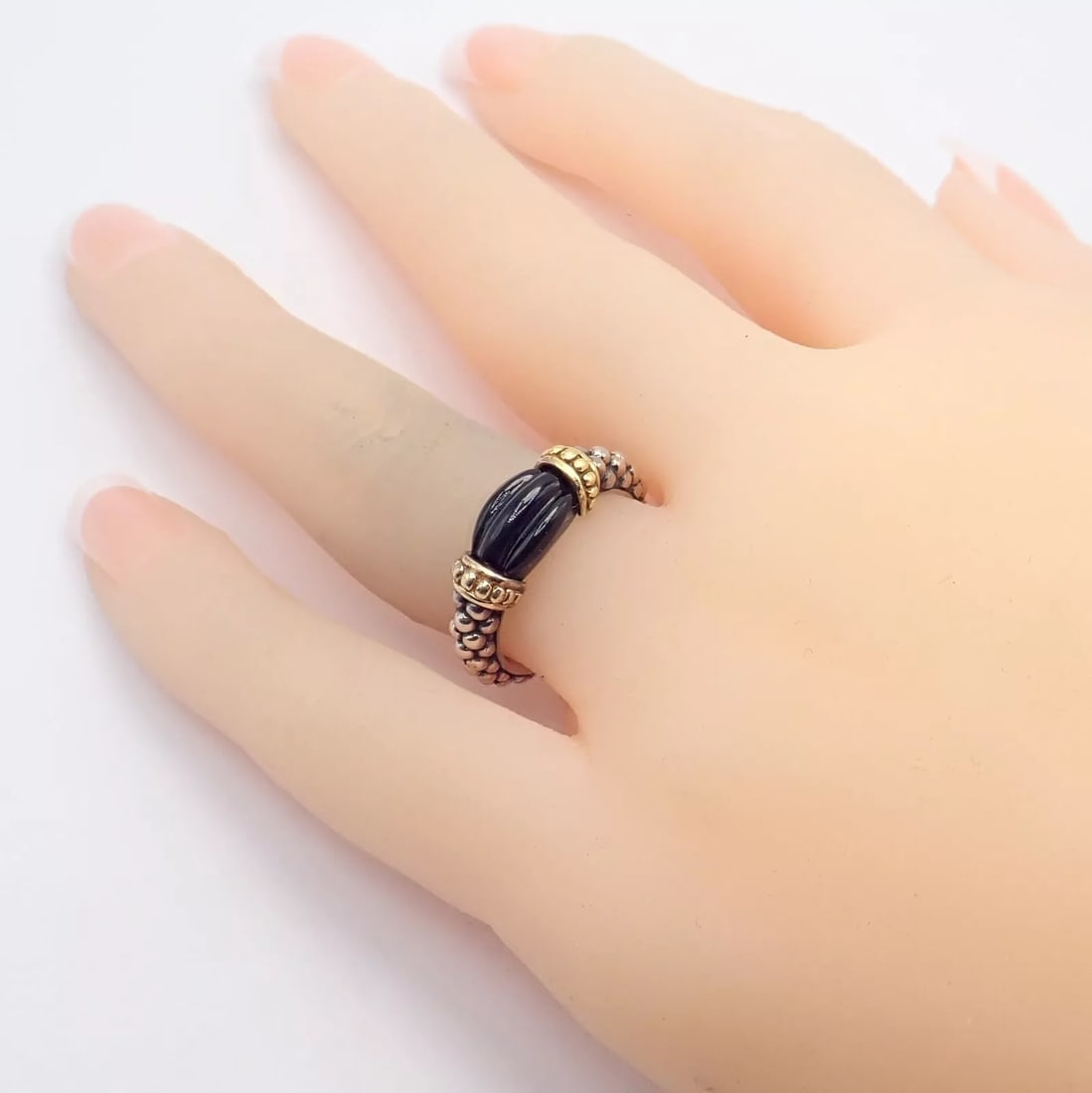 Authentic! Lagos Caviar Silver + 18k Yellow Gold Onyx Ring sz 5.5 - 7