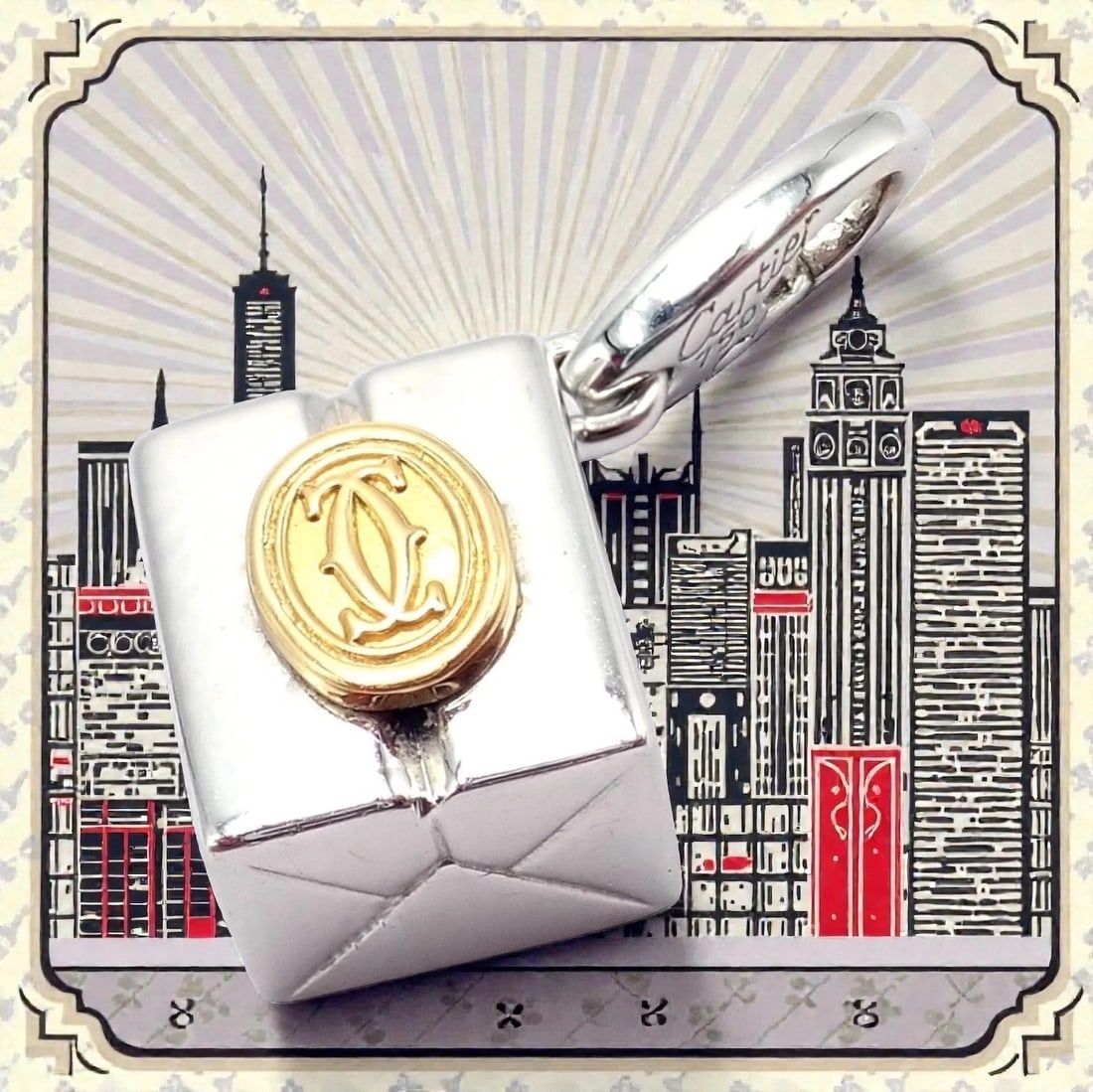 Authentic! Vintage Cartier 18k Yellow White Gold Gift Box Double C Charm Pendant - 2