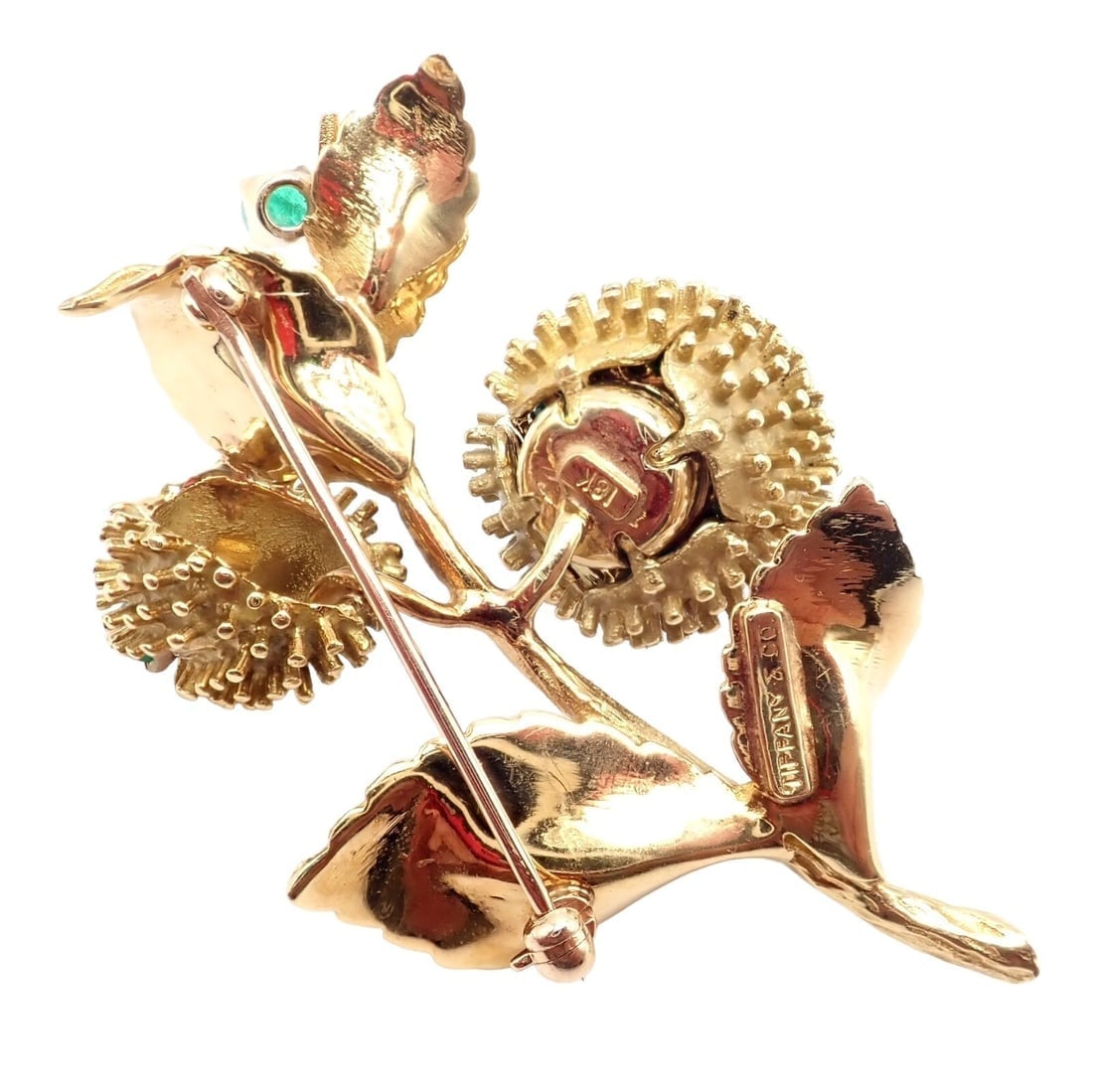 Rare! Tiffany & Co 18k Yellow Gold Diamond Emerald Flower Night & Day Brooch Pin - 10