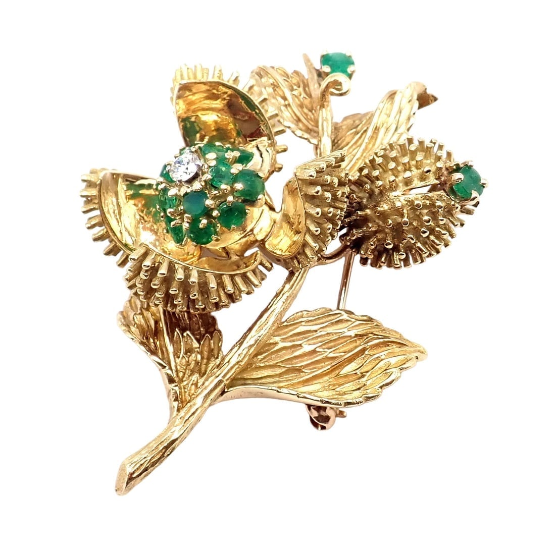 Rare! Tiffany & Co 18k Yellow Gold Diamond Emerald Flower Night & Day Brooch Pin - 11