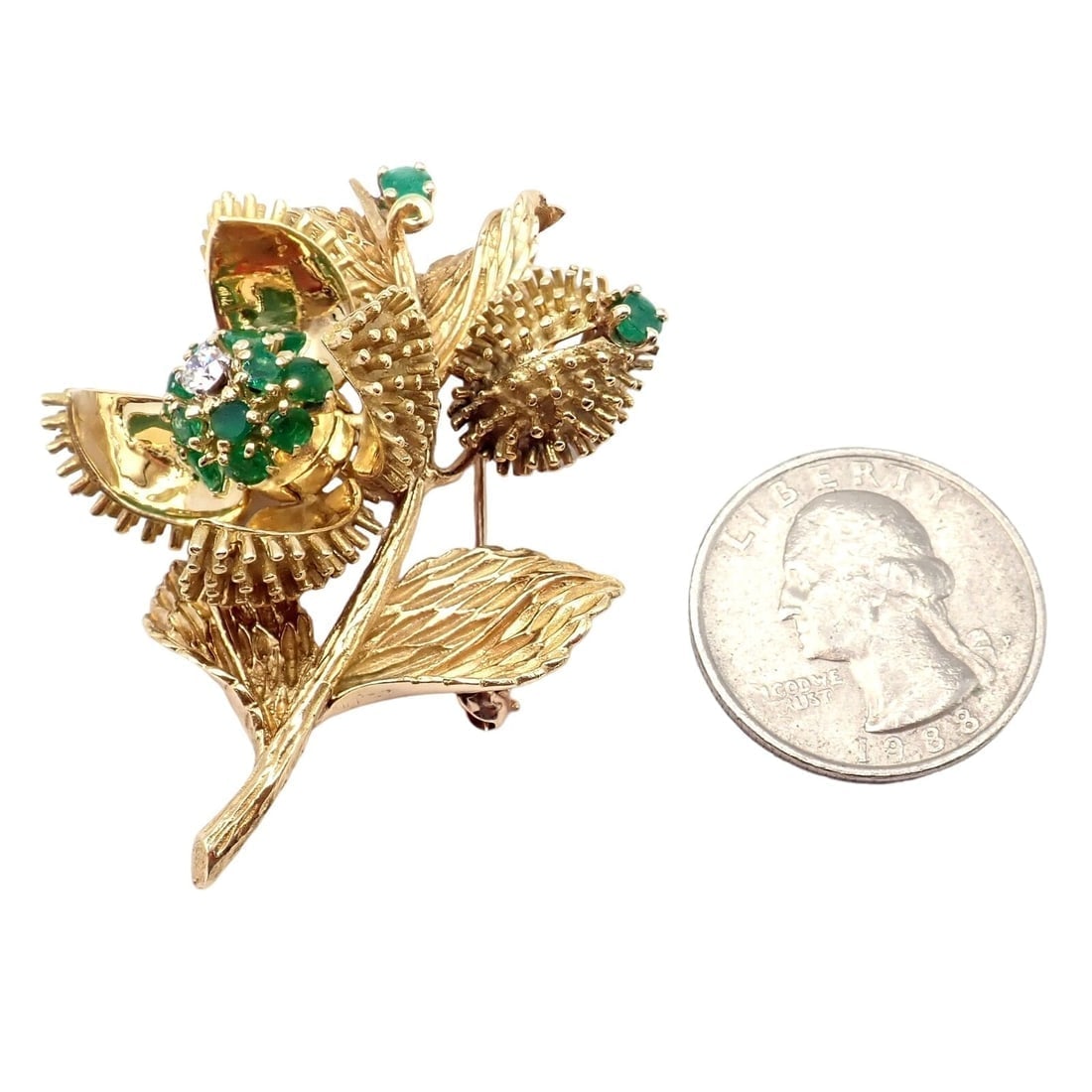 Rare! Tiffany & Co 18k Yellow Gold Diamond Emerald Flower Night & Day Brooch Pin - 5